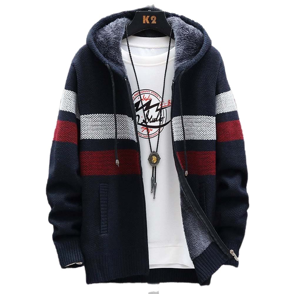 Men'S Fashion Zip Sweater - Męski sweter w paski Gruby polar