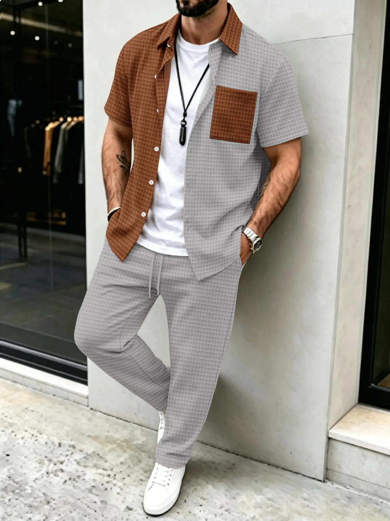 Men'S Spring Fashion - Męski zestaw: koszula w jednolitym kolorze