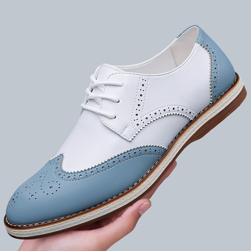Suede Loafers Men - Męskie biało-niebieskie dwukolorowe buty typu brogue